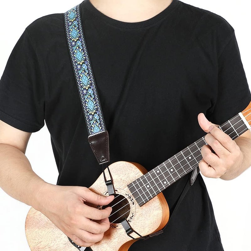 EYESHOT Ukulele Strap No Drill, Adjustable Double J Hook Clip on Uke Shoulder Strap, Hawaiian Jacquard Blue Flower Hands Free Ukelele Strap, Easy to Use and Fit Most Standard Uke Sizes - Image 2